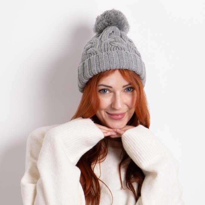 totes Ladies Cable Knit Hat with Pom Pom Detail Grey